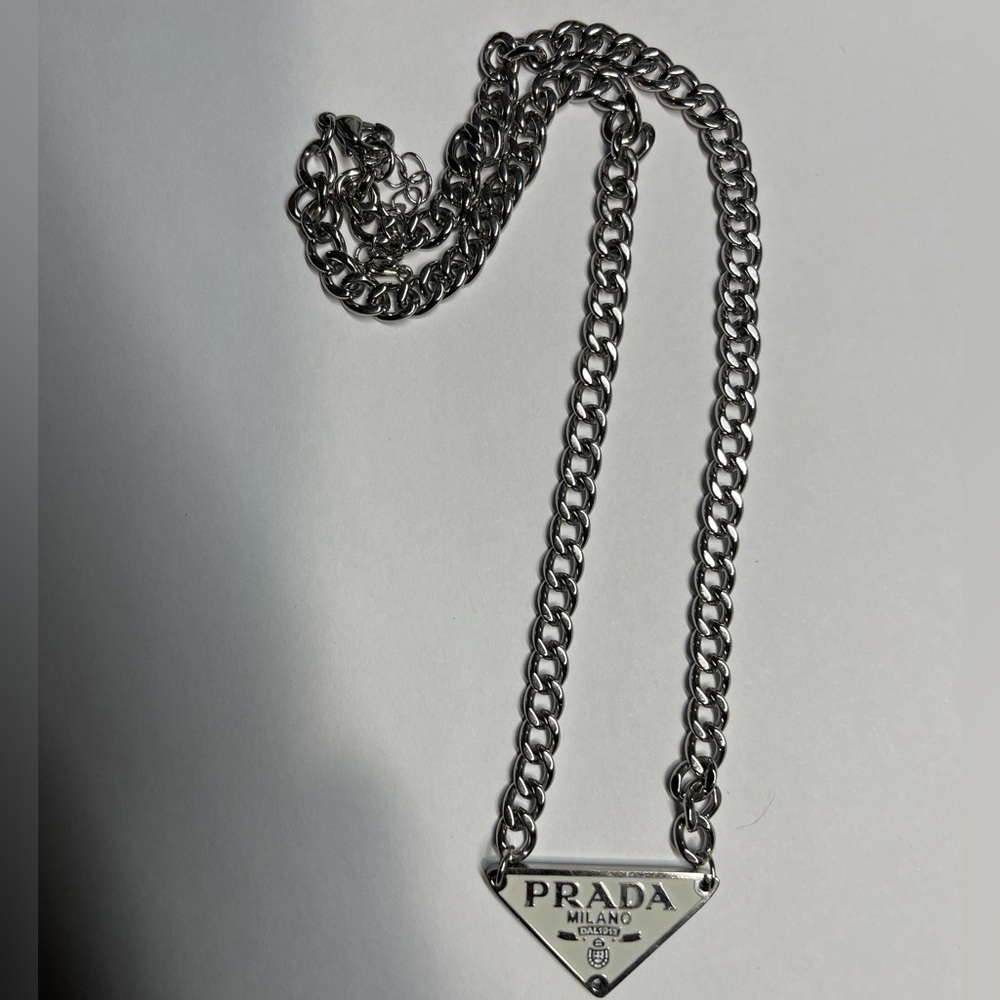 Prada White And Silver Triangle Pendant Logo Chain Necklace